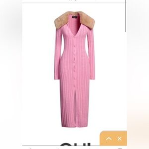 Pink Long Sleeve Knit Dress with Faux Fur Collar